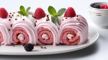 AI generated Red velvet roll cake with cream and fruit for snack dessert photo