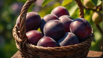 AI generated ripe plum in a basket against the background of the garden nature photo