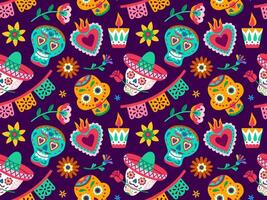 Dia de los Muertos or Day of Dead holiday. Traditional seamless pattern with skull, flowers, candles, heart, garland. Halloween in Mexico. Flat vector illustration.