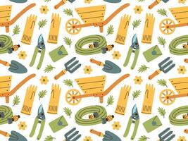 Seamless pattern of gardening items in hand drawn style. Agricultural and garden tools for spring work. vector