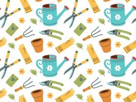 Seamless pattern of gardening items in hand drawn style. Agricultural and garden tools for spring work. vector