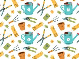 Seamless pattern of gardening items in hand drawn style. Agricultural and garden tools for spring work. vector