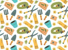 Seamless pattern of gardening items in hand drawn style. Agricultural and garden tools for spring work. vector