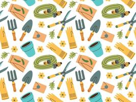 Seamless pattern of gardening items in hand drawn style. Agricultural and garden tools for spring work. vector