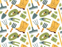 Seamless pattern of gardening items in hand drawn style. Agricultural and garden tools for spring work. vector