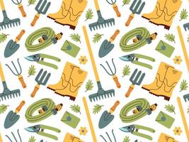 Seamless pattern of gardening items in hand drawn style. Agricultural and garden tools for spring work. vector