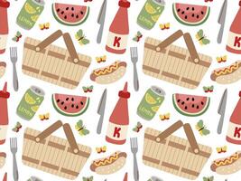 Summer and Spring Picnic seamless pattern. Fresh fruits, ketchup, basket, hot dog. Food and Drinks illustration. vector