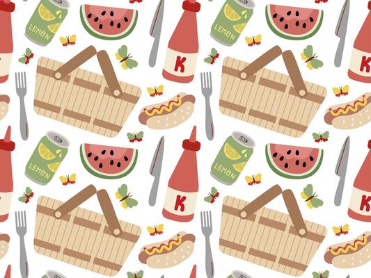 Summer and Spring Picnic seamless pattern. Fresh fruits, ketchup, basket, hot dog. Food and Drinks illustration.