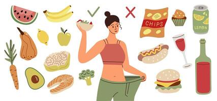 mujer elegir Entre sano y insalubre alimento. hembra personaje dieta y sano comiendo. vector ilustración.