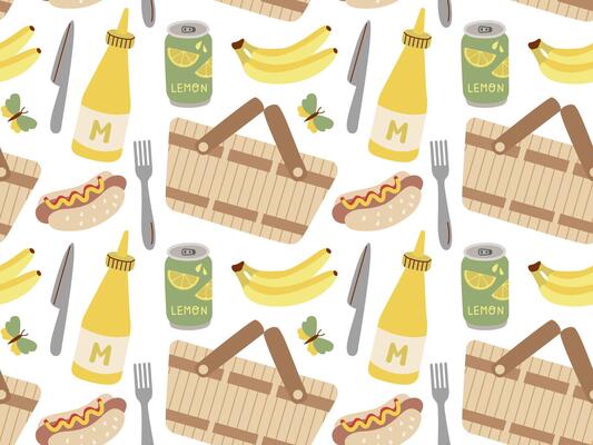 Summer and Spring Picnic seamless pattern. Fresh fruits, mustard, basket, sandwiches. Food and Drinks illustration.