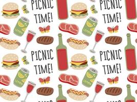 Summer and Spring Picnic seamless pattern. Wine, steak, burger, hot dog. Food and Drinks vector illustration.