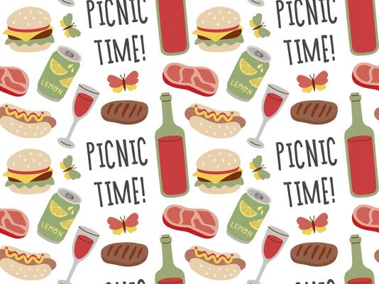 Summer and Spring Picnic seamless pattern. Wine, steak, burger, hot dog. Food and Drinks vector illustration.