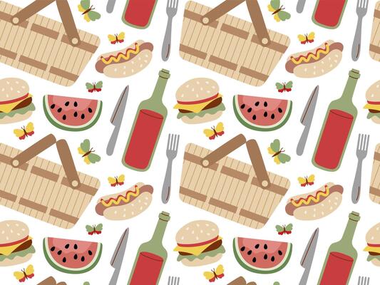 Summer and Spring Picnic seamless pattern. Fresh fruits, wine, basket, hot dog. Food and Drinks illustration.