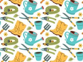 Seamless pattern of gardening items in hand drawn style. Agricultural and garden tools for spring work. vector