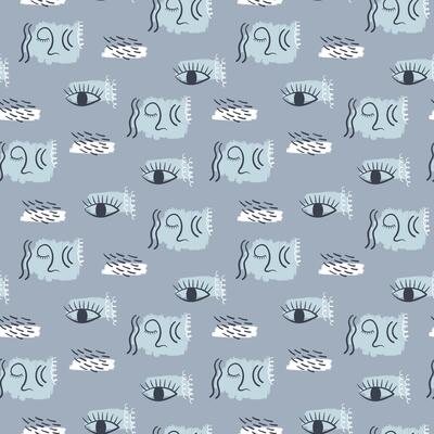 Seamless pattern with esoteric symbols. Abstract vector illustration. Prehistoric rock art. Hand drawn background with stylized face, eye, textures.