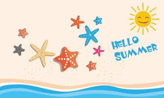 Starfish collection on beach with waves and sun. Starfish vector set in different shapes and colors. Smiling sun on beach with sand and waves. Flat vector in cartoon style isolated on whie background.