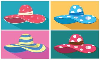 Summer hat vector icon set. Large brim floppy sun hat clipart. Summer vacation items. Women accessory. Beach vacation. Flat vector in cartoon style isolated on colorful background.