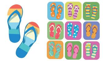 Flip flops flat vector set. Colorful flip flops illustration in cartoon style. Hello summer concept. Summer vacation item. Summer accessories.