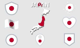 Collection of flat national flags of Japan with map vector