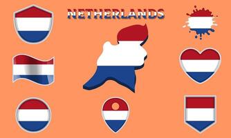 Collection of flat national flags of Netherlands with map vector