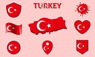 Collection of flat national flags of Turkey with map vector