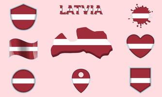 Collection of flat national flags of Latvia with map vector