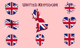 Collection of flat national flags of United Kingdom with map vector