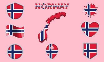 Collection of flat national flags of Norway with map vector