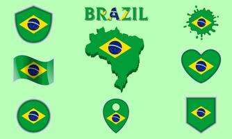 Collection of flat national flags of Brazil with map vector