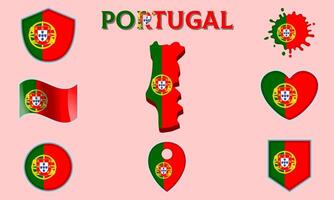 Collection of flat national flags of Portugal with map vector