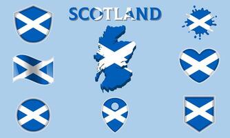 Collection of flat national flags of Scotland with map vector