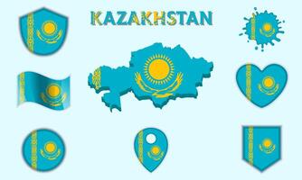 Collection of flat national flags of Kazakhstan with map vector