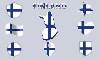 Collection of flat national flags of Finland with map vector