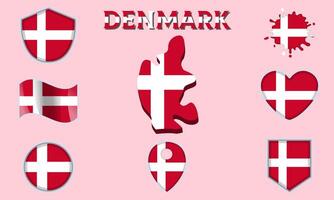 Collection of flat national flags of Denmark with map vector