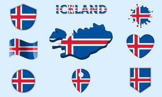 Collection of flat national flags of Iceland with map vector