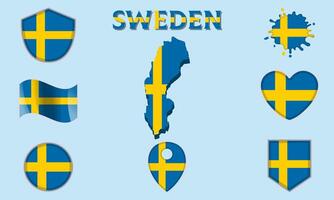 Collection of flat national flags of Sweden with map vector