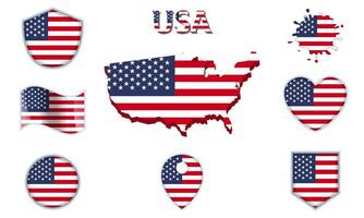 Collection of flat national flags of USA with map vector