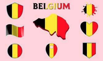 Collection of flat national flags of Belgium with map vector