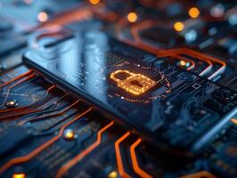 AI generated smartphone with cyber security on display. lock protection on your device. photo