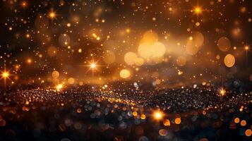 AI generated gold particles background with golden light shine on bokeh light background. photo