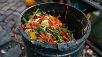ai generado mezcla vegetal residuos en basura compartimiento. un comida desperdiciar. foto