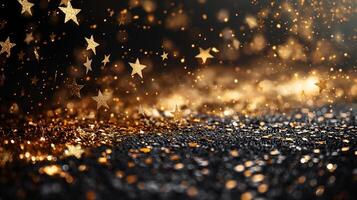 AI generated Golden stars background with golden particles flying around and golden light shine particles bokeh on dark background. photo