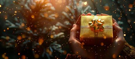 Luxury golden gift box with snowy winter background, special present box with pine tree as background. photo