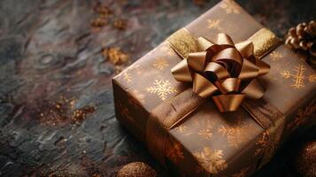 AI generated Close up photo of golden gift box wrapped in snowflake pattern and golden ribbon so elegant.