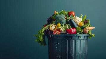 AI generated Perfectly good variety of vegetable in trash bin, excessive consumption concept that lead to food waste. photo