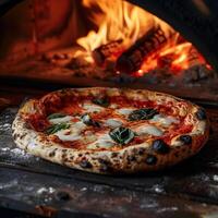 AI generated classic authentic neapolitan pizza in tradition wood burning oven. photo