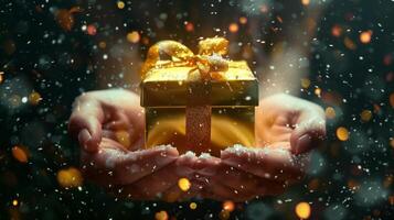 AI generated Hands holding elegant and luxury gift box wrapped and decorated with golden ribbon against winter bokeh background. photo