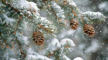 AI generated Pine branch and pine cone covered with frost by winter cold weather photo