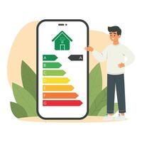 Man controls energy efficiency usage with mobile app. Energy rating class. Eco friendly energy consumption. Vector illustration.