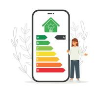 Woman controls energy consumption with mobile app. Energy rating class. Eco friendly. Vector illustration.